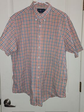 Ralph Lauren Short-Sleeve Plaid Button-Down Shirt in Coral and Blue